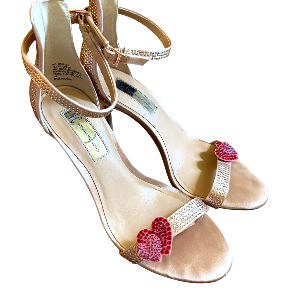 Macy's 7 Rayelle y2k Rhinestone HEARTS Strappy Sandals CRYSTAL Champagne Heels - Picture 7 of 10